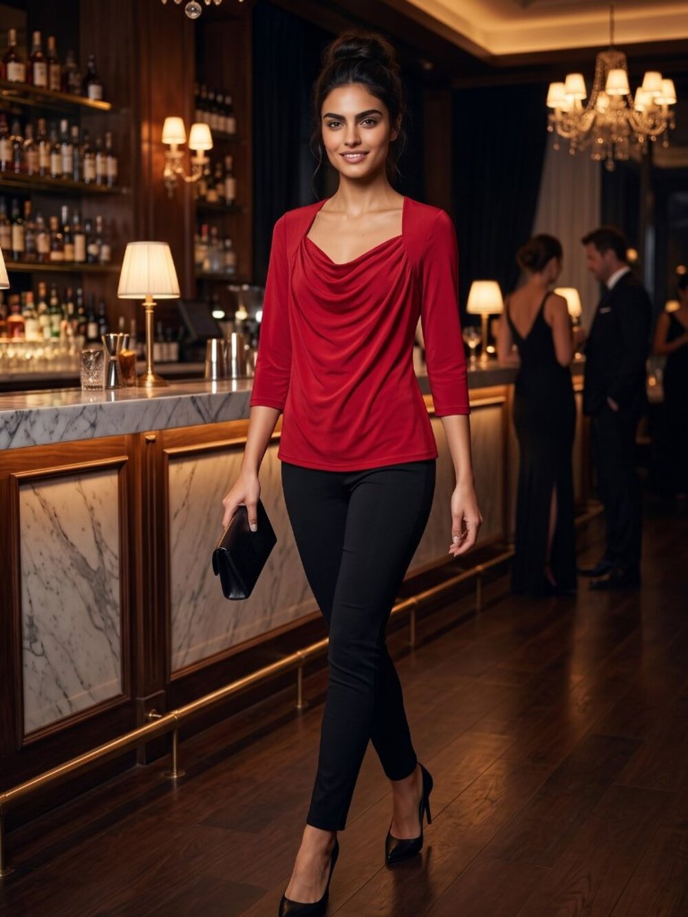 Women dressy party top in bright red, unique neckline - Size S